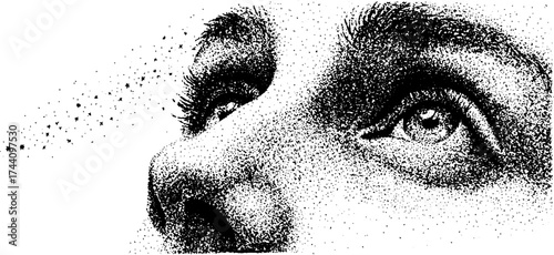 Intricate dotwork stippling portrait of human face with gaze in halftone effect