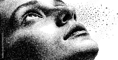 Intricate stipple dotwork of a human face gazing upward with dreamy expression