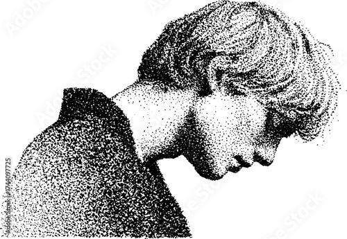 Intricate dotwork stippling of human profile in reflective pose