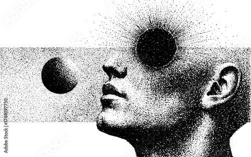 Surreal human figure in dotwork stippling with abstract elements and halftone effect