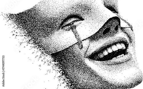 Expressive portrait of smiling human figure with tear in dotwork stipple effect