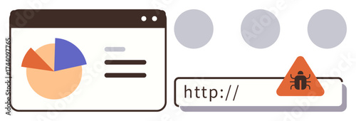 Web browser window with pie chart and data, warning sign with insect for cybersecurity risk. Ideal for analytics, online safety, threat alerts, data analysis, IT security, web risks, simple flat