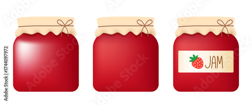 Glass jars with strawberry jam. Vector clipart.