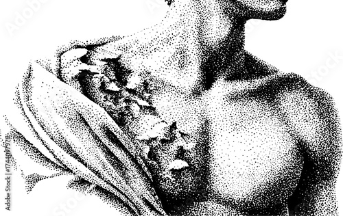 Detailed stippling illustration of a human torso with artistic dotwork effect
