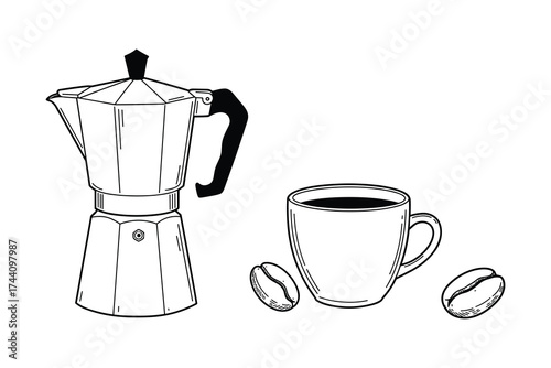 Coffee Maker, Cup, and Beans Illustration