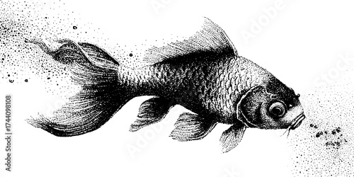 Intricate dotwork stippling illustration of a koi fish swimming in motion