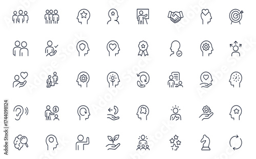 Soft skills icon set, editable stroke vector illustration featuring communication, teamwork, leadership, creativity, adaptability, collaboration, motivation, empathy, growth, success, career