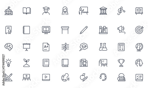 Education icon set, editable stroke vector illustration with school, student, teacher, study, university, classroom, book, diploma, notebook, science, learning, lecture, library, creative academic