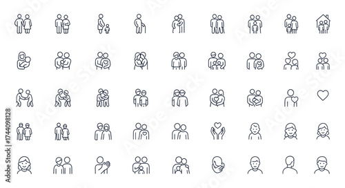 Family icons vector illustration featuring parents, children, pregnant women, elderly people, and love symbols, editable stroke outline style, relationship, bonding, support, care, lifestyle
