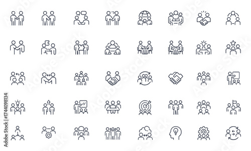 Collaboration and teamwork icon, editable stroke for partnership, communication, business support, cooperation, networking, connection, management, group work, synergy, unity, success, leadership