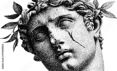 Classic dotwork stipple art of laurel wreath with figure for design and print