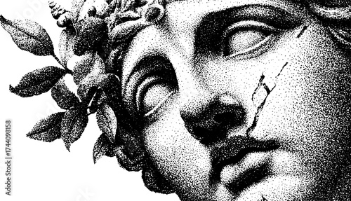 Vintage dotwork stipple illustration of a classical laurel wreath sculpture