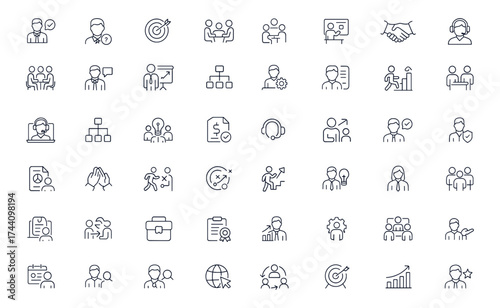 Business consulting icons set, editable vector illustration for corporate management, teamwork, client communication, finance, partnership, leadership, training, online support, career growth
