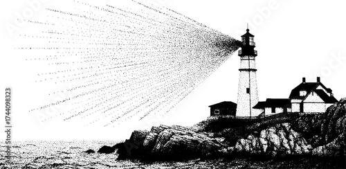 Intricate lighthouse dotwork stippling art with ocean view for design projects