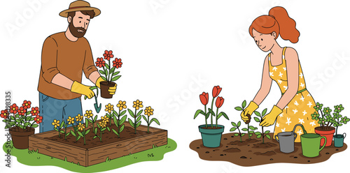 Gardening, planting flowers, people working in garden, outdoor activity, eco friendly lifestyle, teamwork, soil preparation, flower care, sustainable gardening, home garden, nature