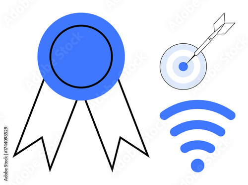Blue award ribbon, dart hitting a bullseye target, and wireless connectivity icon. Ideal for success, goal setting, recognition, communication, innovation technology progress. Minimal simple flat