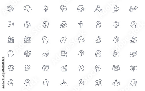 Leadership and teamwork icon set, editable stroke vector illustration showing creativity, adaptability, collaboration, communication, motivation, empathy, and soft skills for career growth, success