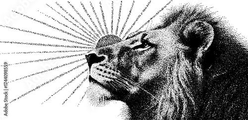 Majestic lion dotwork stipple illustration with radiant sunburst effect