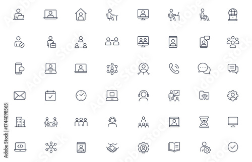 Remote work and telecommuting icon set for business, freelance, office teamwork, employee communication, online meeting, digital workspace, schedule, chat, and corporate productivity
