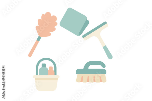 Pastel colored household cleaning tools and supplies icons set