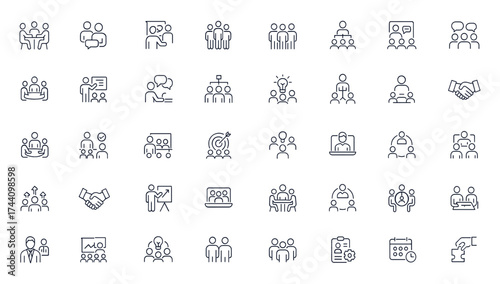 Meeting icons set, editable stroke vector illustration for business teamwork, communication, collaboration, office management, project discussion, organization, planning, leadership, brainstorming