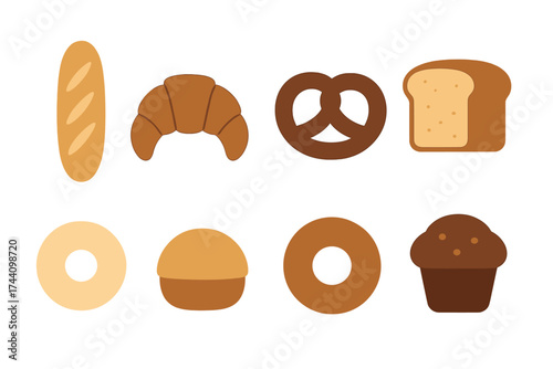 Collection of popular bakery products and sweet treats in flat design style
