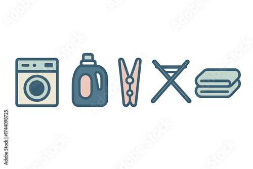 Set of laundry icons featuring washing machine, detergent, clothespin, drying rack, and folded towels