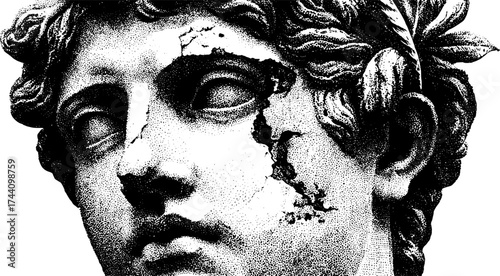 Intricate dotwork art of a marble bust in stipple engraving style