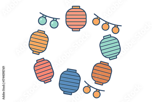 Colorful Asian lanterns and string lights arranged in a circular decorative pattern