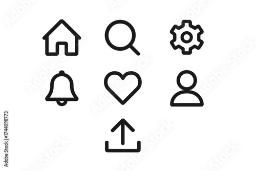 Essential user interface symbols for home search settings profile and notification