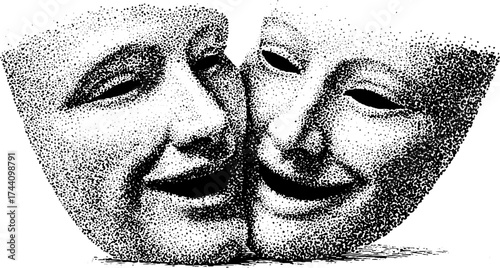 Intricate dotwork mask illustration representing happiness for art prints and posters