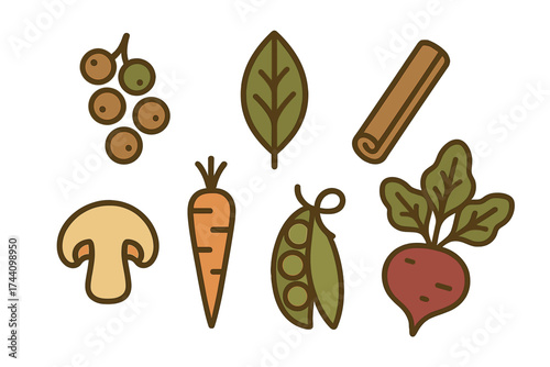 Stylized collection of organic vegetables, fruits, legumes, and spices icons