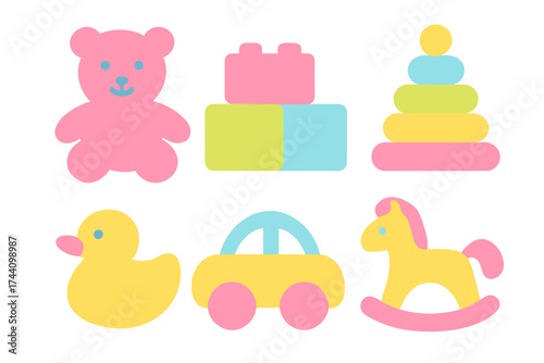 Colorful collection of classic baby toys including teddy bear blocks stacking rings duck car and rocking horse