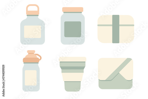 Minimalist collection of reusable food and drink containers: bottles, jars, and lunch boxes
