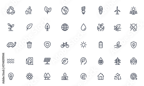 Ecology and eco icons set for environmental conservation, global warming, recycling, renewable energy, solar panel, wind power, forest, sustainability, green nature, earth care, clean air