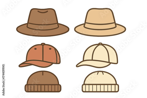 Six headwear icons set including fedora hats, baseball caps, and knit beanies in earthy tones