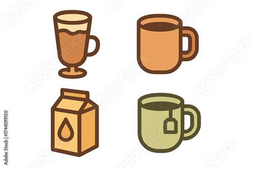 Stylized icons collection of hot beverages and milk carton for cafe menus