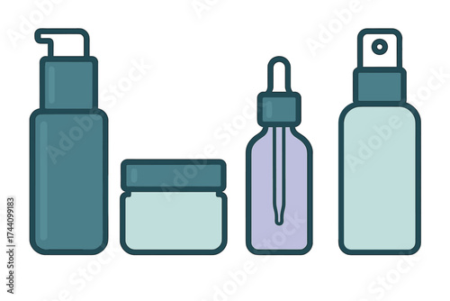 Assortment of skincare product containers including serum dropper, cream jar, and pump bottle
