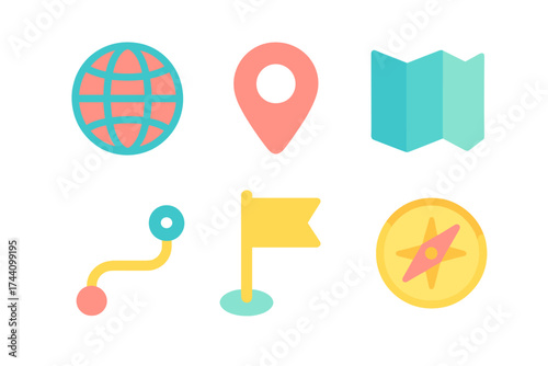Colorful set of navigation icons including map marker, globe, compass, route, and flag symbol