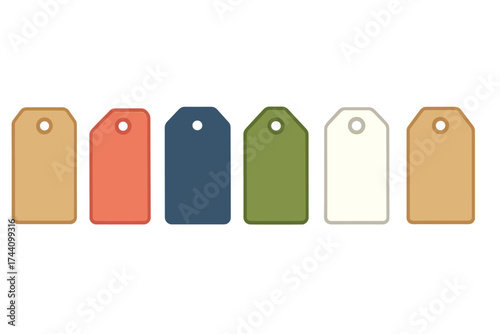 Row of six blank retail price tags or luggage labels in various earthy colors