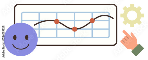happy face with upward graph line and data points, gear, hand indicating progress, teamwork. Ideal for productivity, growth, teamwork, analytics improvement strategy motivation. Simple flat