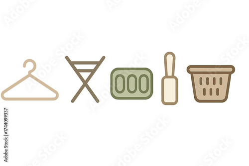 Minimalist set of laundry icons including hanger, drying rack, soap, and basket