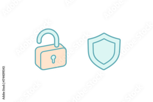Open Padlock and Protective Shield Symbols for Digital Security and Data Protection
