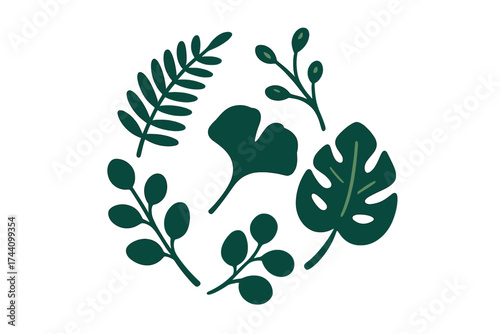 Stylized dark green tropical and diverse botanical leaves forming a circular arrangement