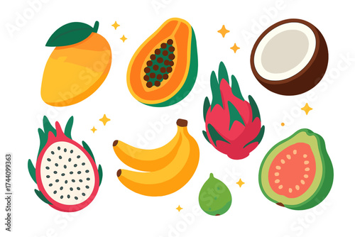 Vibrant collection of tropical fruits including mango papaya banana coconut and dragon fruit