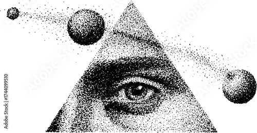 Mystical triangle with eye and orbiting spheres in detailed dotwork stipple art