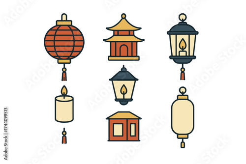 Traditional Asian lanterns, candles, and pagoda architectural elements flat icon set