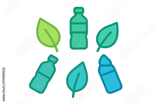 Green leaves surrounding plastic bottles symbolizing recycling and sustainability concept