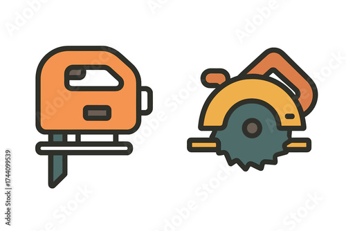 Set of icons showing jigsaw and circular saw power tools for construction and repair