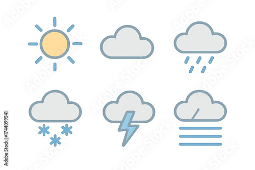 Simple outline icons collection for weather forecast showing sun, clouds, rain, and snow